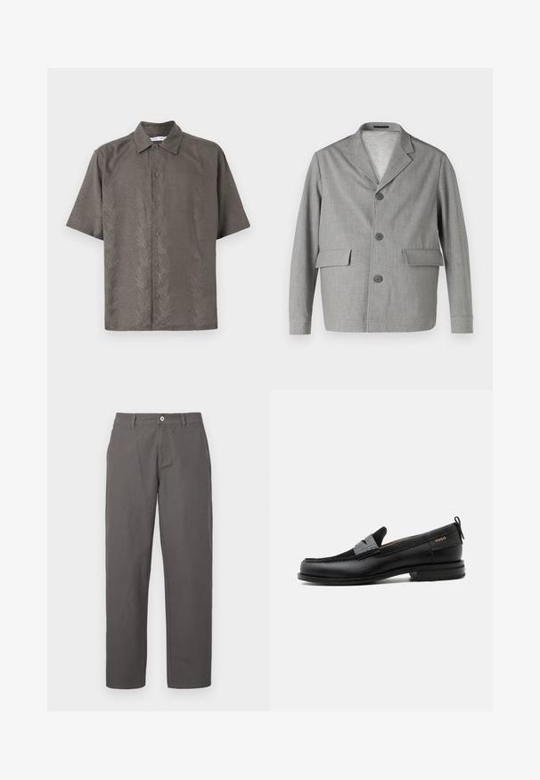 Blazer gris en tissu texturé, avec un col à revers, trois boutons et deux poches avant. Design épuré et moderne.; Chemise à manches courtes, couleur olive, en tissu texturé avec un motif de feuilles en relief, munie d'un col classique et d'une fermeture par boutons sur le devant.; Pantalons en coton gris au design droit, avec fermeture à bouton à l'avant, fermeture à glissière et poches latérales. Texture lisse, sans motifs.; Mocassin en cuir noir avec détail de bride grise, talon bas et semelle texturée, marqué "HUGO" en or sur le côté.