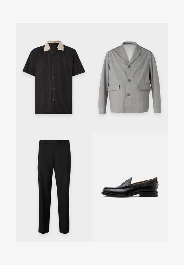 Grauer Blazer aus strukturiertem Stoff, mit Reverskragen, drei Knöpfen und zwei Vordertaschen. Sauberes, modernes Design.; Kurzarmhemd in Schwarz mit vertikalen Streifen, ausgestattet mit einem beigen Kragen und Frontknöpfen. Hergestellt aus leichtem Stoff mit glatter Textur.; Schwarze maßgeschneiderte Hose mit flachem Frontschnitt, normaler Taille und geraden Beinen. Hergestellt aus glattem Material, mit einem einzelnen Knopfverschluss.; Schwarzer Leder-Herrenschuh mit Mokassinnaht, Penny-Riemen, strukturiertem Kragen und niedrigem gestapeltem Absatz auf weißem Hintergrund.