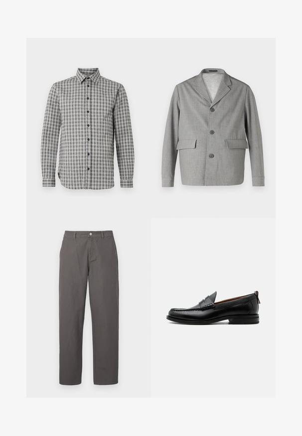Grå blazer lavet af struktureret stof, med en slå-krave, tre knapper og to frontlommer. Ren, moderne design.; Herreskjorte med lange ærmer i grå med ternet mønster, der har krave med knapper og sorte knapper, lavet af blødt stof.; Grå bomuldsbukser med lige ben-design, forsynet med en frontknap, lynlåslukning og sidelommer. Glat tekstur, ingen mønstre.; Sort læder herre loafer med moc-tå syning, penny strop, struktureret krave og lav stablet hæl på hvid baggrund.