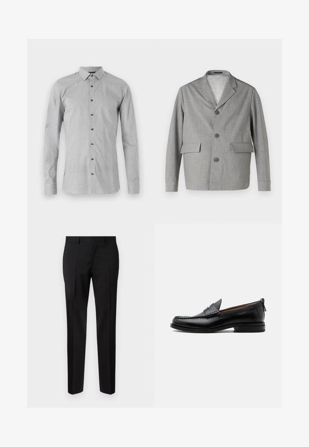 Grå blazer lavet af struktureret stof, med en slå-krave, tre knapper og to frontlommer. Ren, moderne design.; Langærmet skjorte i hvid og sort med geometrisk mønster, knaplukning foran og klassisk krave. Letvægtsstof med glat struktur.; Sorte skræddersyede bukser lavet af glat stof, med lige ben, raffinerede folder og en klassisk talje med bæltestropper.; Sort læder herre loafer med moc-tå syning, penny strop, struktureret krave og lav stablet hæl på hvid baggrund.