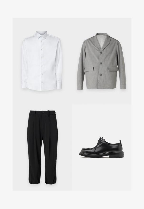 Blazer gris en tissu texturé, avec un col à revers, trois boutons et deux poches avant. Design épuré et moderne.; Chemise blanche à manches longues en tissu lisse, dotée d'un col classique, d'une patte de boutonnage et de poignets avec boutons, présentée sur un fond uni.; Pantalons noirs raccourcis avec une taille élastique à bouton, poches latérales et une coupe relaxée avec des poignets aux chevilles.; Calvin Klein LACE UP APRON BRUSH OFF - Derbies - black