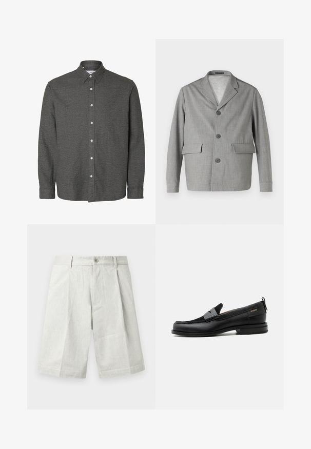 Grå blazer lavet af struktureret stof, med en slå-krave, tre knapper og to frontlommer. Ren, moderne design.; Langærmet mørkegrå skjorte med knapper, spids krave og hvide knapper ned langs midten foran.; Lysegrå shorts lavet af tekstureret stof med knaplukning, plisseringer og lige snit, velegnet til afslappet brug.; Sort læderloafer med grå remdetalje, lav hæl og tekstureret sål, mærket med "HUGO" i guld på siden.