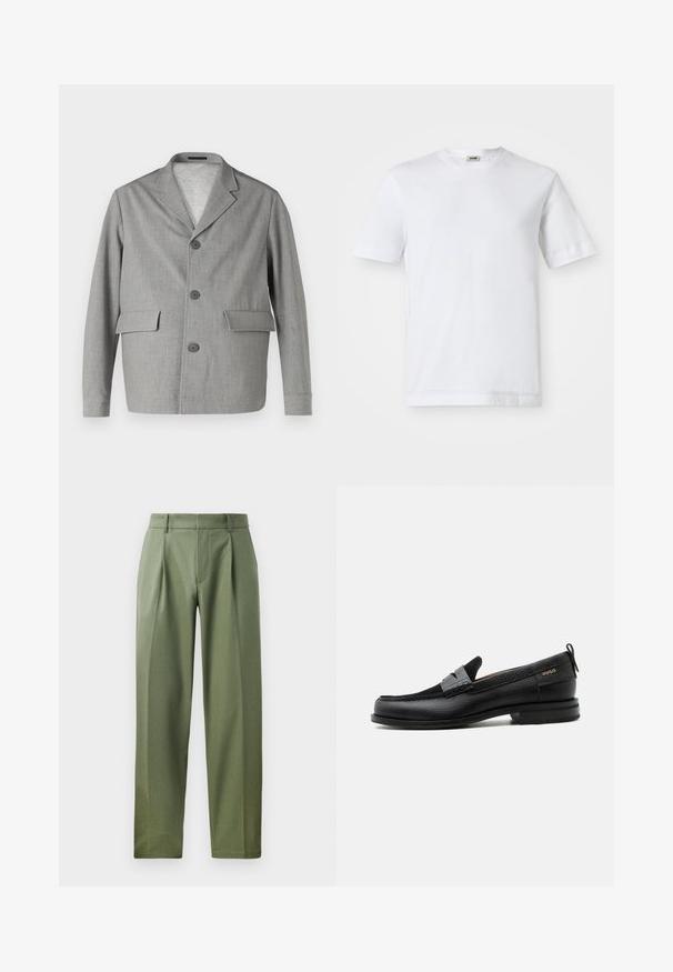 Grå blazer lavet af struktureret stof, med en slå-krave, tre knapper og to frontlommer. Ren, moderne design.; Hvid bomulds t-shirt med korte ærmer, rund halsudskæring og en glat tekstur. Ingen mønstre eller detaljer er synlige.; Skræddersyede bukser i olivengrøn stof med en glat tekstur, der har to frontfald, bæltestropper og et lige ben-design.; Sort læderloafer med grå remdetalje, lav hæl og tekstureret sål, mærket med "HUGO" i guld på siden.