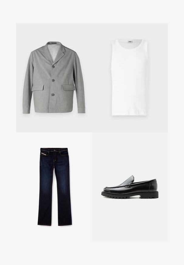 Blazer gris en tissu texturé, avec un col à revers, trois boutons et deux poches avant. Design épuré et moderne.; Débardeur en coton blanc sans manches avec un col rond et une texture lisse. Design simple, sans motifs ni accents.; Jean en denim bleu foncé avec une coupe droite, présentant des coutures orange, une fermeture éclair et des poches avant. Texture lisse et taille standard.; Mocassin en cuir noir avec semelle en caoutchouc épaisse, dessus cousu et nom de marque embossé sur le talon, présenté de profil sur fond blanc.