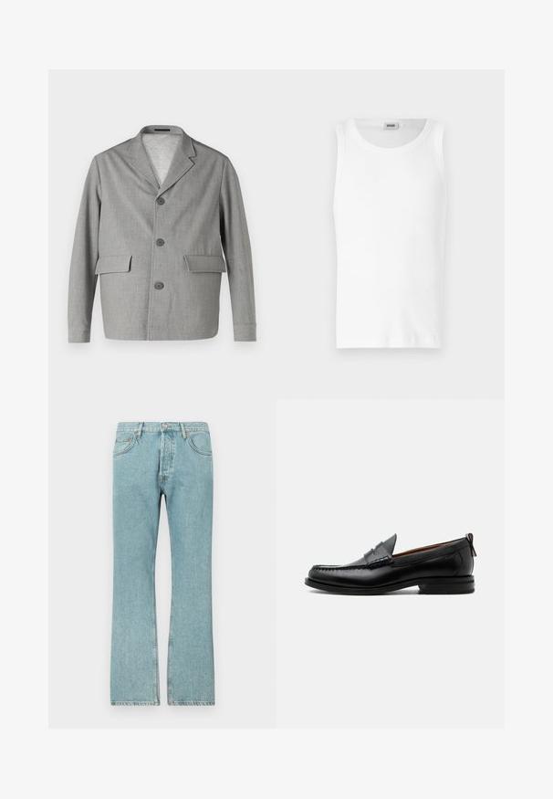 Grauer Blazer aus strukturiertem Stoff, mit Reverskragen, drei Knöpfen und zwei Vordertaschen. Sauberes, modernes Design.; Weißes Baumwoll-Tanktop ohne Ärmel mit Rundhalsausschnitt und glatter Textur. Einfaches Design, ohne Muster oder Akzente.; Hellblaue Jeans aus Denim mit geradem Schnitt, ausgestattet mit fünf Taschen und einem Knopfverschluss. Sichtbare Nähte und fransiger Saum.; Schwarzer Leder-Herrenschuh mit Mokassinnaht, Penny-Riemen, strukturiertem Kragen und niedrigem gestapeltem Absatz auf weißem Hintergrund.