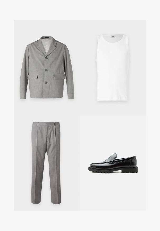 Blazer gris hecho de una tela texturizada, con cuello de pico, tres botones y dos bolsillos frontales. Diseño limpio y moderno.; Camiseta sin mangas de algodón blanco con cuello redondo y una textura suave. Diseño sencillo, sin patrones ni acentos.; Pantalones gris con rayas y un corte a medida, con pliegues delanteros, trabillas para cinturón y una textura suave. Diseño de pierna recta, con dobladillos limpios.; Mocasín de cuero negro con suela de goma gruesa, empeine cosido y nombre de la marca en relieve en el talón, mostrado en perfil lateral sobre fondo blanco.