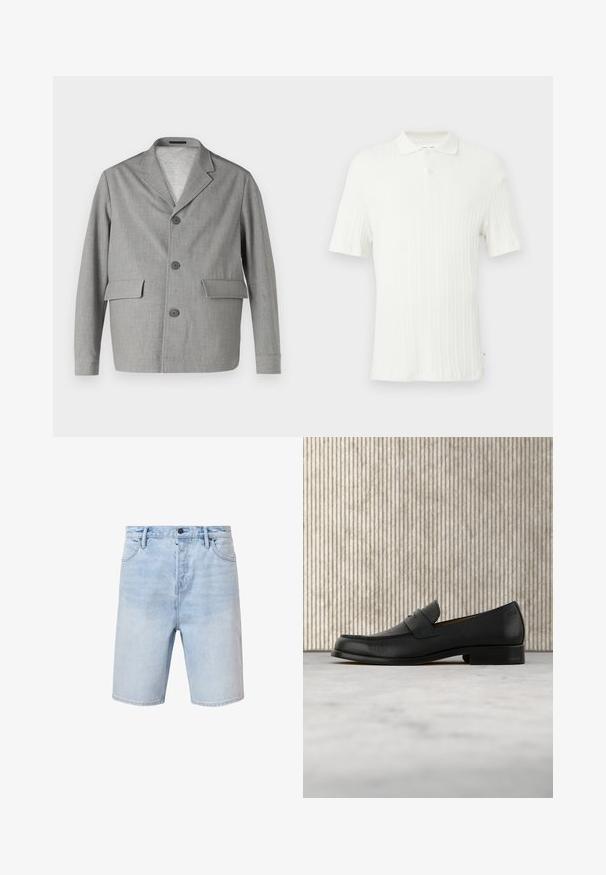 Grijze blazer van textuurstof, met een notch-kraag, drie knopen en twee voorkezen. Strak, modern ontwerp.; Witte polo met korte mouwen en geribbelde textuur, een kraag en een enkele knoopsluiting aan de bovenkant.; Lichtblauwe denim shorts met een normale pasvorm, vijf zakken en een knoopsluiting. Kenmerkt subtiele vervaging en gestikte zoom.; Zwarte leren loafer zweeft boven een beige tapijt met op de achtergrond een glanzende, ronde, bruine tafel.