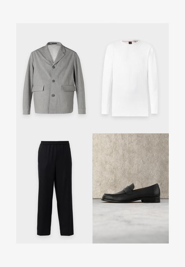 Blazer gris hecho de una tela texturizada, con cuello de pico, tres botones y dos bolsillos frontales. Diseño limpio y moderno.; Camiseta blanca de manga larga hecha de un material texturizado, con cuello redondo y un logo sutil en relieve en el centro.; Pantalones negros con cintura elástica, diseño de pierna recta y una tela suave y ligera. Sin bolsillos visibles ni patrones.; Zapato mocasín de cuero negro flotando sobre una alfombra beige con una mesa redonda marrón brillante al fondo.