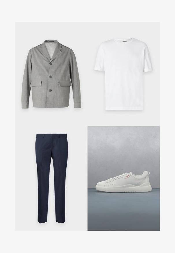 Grijze blazer van textuurstof, met een notch-kraag, drie knopen en twee voorkezen. Strak, modern ontwerp.; Witte katoenen t-shirt met een ronde hals, korte mouwen en omgeslagen mouwen; ongecompliceerd ontwerp, zachte textuur en rechte snit.; Marineblauwe op maat gemaakte broek, gemaakt van een gladde stof. Kenmerkt zich door een recht model met een platte voorkant en zijzakken.; Witte sneaker met een gladde leren afwerking, ronde neus, vier veterogen, subtiele perforaties en een rood logo detail aan de zijkant.