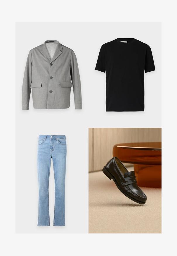 Grijze blazer van textuurstof, met een notch-kraag, drie knopen en twee voorkezen. Strak, modern ontwerp.; Zwarte t-shirt met korte mouwen van katoen, met een ronde halslijn en een losse pasvorm. Gladde textuur, zonder patronen of zichtbare logo's.; Lichtblauwe, rechte spijkerbroek van katoen denim. Heeft vijf zakken, een sluiting met een frontknop en subtiele stikdetails.; Glanzende zwarte leren loafer met een banddetail, geplaatst op een beige tapijt naast een ronde bruine salontafel in een zacht verlichte kamer.
