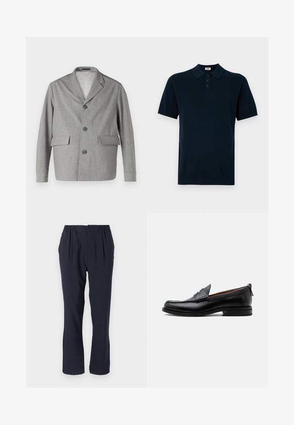 Grauer Blazer aus strukturiertem Stoff, mit Reverskragen, drei Knöpfen und zwei Vordertaschen. Sauberes, modernes Design.; Marineblaue Polohemden mit kurzen Ärmeln, aus strukturiertem Stoff, mit einer Dreiknopf-Leiste sowie gestricktem Kragen und Bündchen.; Himmelblaues Hosen aus weichem Stoff mit einem elastischen Bund, ausgestattet mit vorderen Falten und einem geraden Bein-Design.; Schwarzer Leder-Herrenschuh mit Mokassinnaht, Penny-Riemen, strukturiertem Kragen und niedrigem gestapeltem Absatz auf weißem Hintergrund.