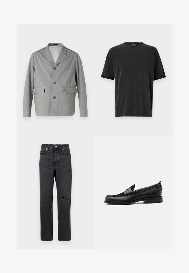Grå blazer lavet af struktureret stof, med en slå-krave, tre knapper og to frontlommer. Ren, moderne design.; Sort kortærmet t-shirt med rund hals, afslappet pasform og opfoldede ærmer. Lavet af blødt bomuldsstof med en let tekstur.; Sorte denim jeans med lige ben, der har et revnet knæ, fem-lomme design og metalbeslag ved taljen og lommerne.; Sort læderloafer med grå remdetalje, lav hæl og tekstureret sål, mærket med "HUGO" i guld på siden.