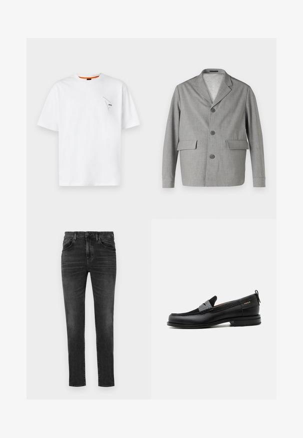 Grijze blazer van textuurstof, met een notch-kraag, drie knopen en twee voorkezen. Strak, modern ontwerp.; Witte katoenen T-shirt met korte mouwen, ronde halslijn, met een klein zwart logo op de linkerborst en een oranje accent aan de binnenkant van de kraag.; BOSS ONYX - Jeans Tapered Fit - charcoal; Zwarte leren loafer met grijs riemdetailelement, lage hak en gestructureerde zool, aan de zijkant gebrandmerkt met "HUGO" in goud.