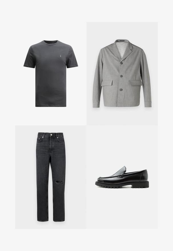 Sivý blazer vyrobený z textúrovanej látky, s klopovým golierom, tromi gombíkmi a dvomi prednými vreckami. Jednoduchý, moderný dizajn.; AllSaints BRACE CREW - Základné tričko - CARTER GREY; Čierne deninové rifle so rovnými nohavicami, s prepichnutým kolenom, päť vrecový dizajn a kovové prvky na páse a vreckách.; Čierny kožený mokasín s hrubou gumovou podrážkou, prešitý zvršok a vyrazeným názvom značky na päte, zobrazený z bočného profilu na bielom pozadí.
