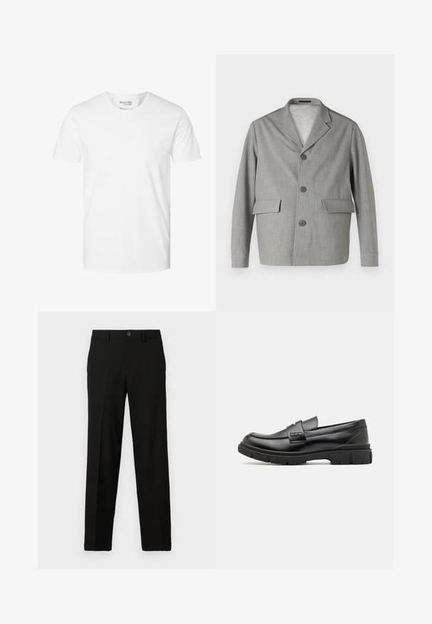 Grijze blazer van textuurstof, met een notch-kraag, drie knopen en twee voorkezen. Strak, modern ontwerp.; Effen wit T-shirt met korte mouwen en ronde hals van biologisch katoen, merk Selected Homme, maat large.; Zwarte broek van gladde stof, met een rechte snit, een knoopsluiting aan de taille en geen zichtbare patronen of accenten.; Zwarte leren instapper met een brede band over de voet, rubberen zool met dikke noppen en een gladde textuur. Klassiek, strak ontwerp.
