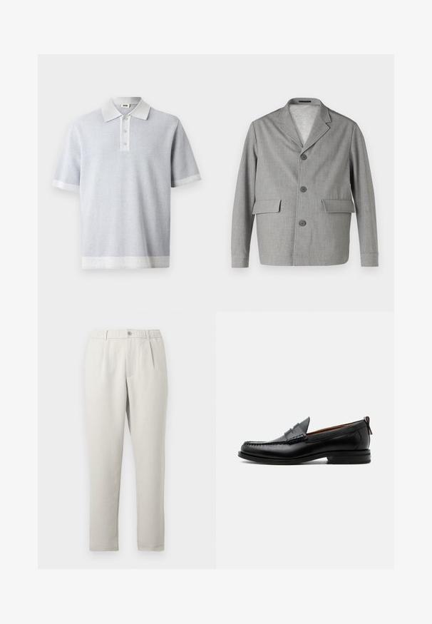 Grå blazer lavet af struktureret stof, med en slå-krave, tre knapper og to frontlommer. Ren, moderne design.; Lys grå polo skjorte med struktureret mønster, korte ærmer, og en kontrasterende hvid krave og kant. Tre knaplukninger foran.; Lyse beige bukser med løs pasform og let skær, med elastisk talje, forlommer og et taperet ben design.; Sort læder herre loafer med moc-tå syning, penny strop, struktureret krave og lav stablet hæl på hvid baggrund.
