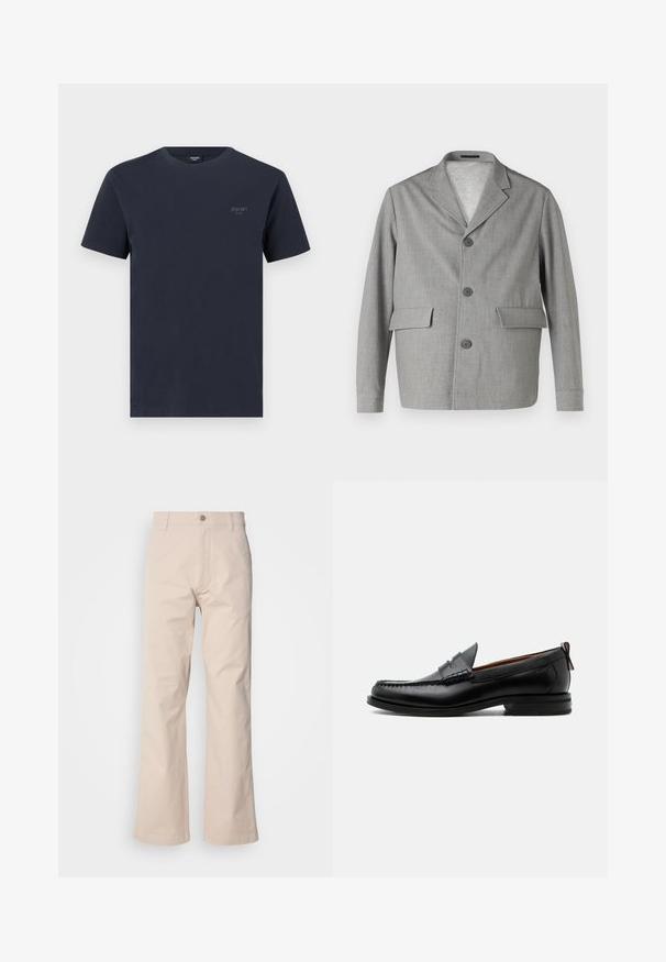 Grauer Blazer aus strukturiertem Stoff, mit Reverskragen, drei Knöpfen und zwei Vordertaschen. Sauberes, modernes Design.; Marineblaues Baumwoll-T-Shirt mit Rundhalsausschnitt, kurzen Ärmeln und einem kleinen, grauen Markenlogo auf der linken Brust. Angenehme Textur.; Beige Baumwollhosen mit geradem Beinschnitt, ausgestattet mit einem Knopfverschluss, vorderen Taschen und minimaler Stichdetails.; Schwarzer Leder-Herrenschuh mit Mokassinnaht, Penny-Riemen, strukturiertem Kragen und niedrigem gestapeltem Absatz auf weißem Hintergrund.