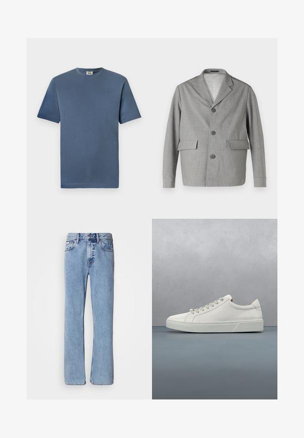 Grauer Blazer aus strukturiertem Stoff, mit Reverskragen, drei Knöpfen und zwei Vordertaschen. Sauberes, modernes Design.; Blaue Baumwoll-T-Shirt mit Rundhalsausschnitt und kurzen Ärmeln. Hat eine glatte Textur und einen geraden Saum. Keine sichtbaren Muster oder Grafiken.; Hellblaue Jeans aus Denim mit geradem Bein, fünf Taschen und Knopfverschluss. Nähte in der Nähe der Taschen und des Bundes.; Weißes Leder-Sneaker mit abgerundetem Zehenbereich, minimalistisches Design, graue Schnürsenkel und einer strukturierten grauen Gummisohle. Dezente Nähte sichtbar.