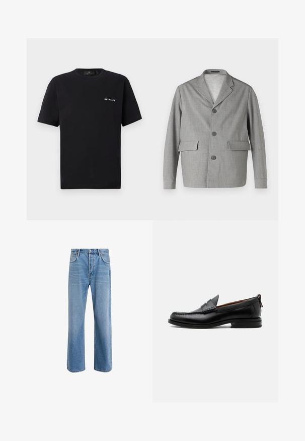 Sivý blazer vyrobený z textúrovanej látky, s klopovým golierom, tromi gombíkmi a dvomi prednými vreckami. Jednoduchý, moderný dizajn.; Čierne tričko s krátkym rukávom a okrúhlym výstrihom s malým bielym logom "BELSTAFF" na ľavej strane hrudníka na jednoduchom pozadí.; Svetlo modré denimové džínsy so strihom rovného nohu, päť vreciek, zapínanie na gombík, minimálne vyblednutie a kontrastné švy.; Čierny kožený pánsky mokasín s prešitím moc toe, penny remienkom, textúrovaným golierom a nízkym vrstveným podpätkom na bielom pozadí.
