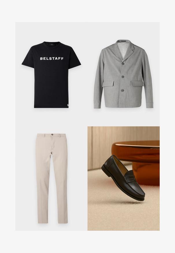 Grijze blazer van textuurstof, met een notch-kraag, drie knopen en twee voorkezen. Strak, modern ontwerp.; Zwarte katoenen t-shirt met een ronde halslijn, korte mouwen, en een witte "BELSTAFF" logo gedrukt over de borst.; Beige slim-fit broek met riemlussen, knoopsluiting en rits aan de voorkant, plat liggend afgebeeld tegen een witte achtergrond.; Zwarte leren loaferschoen zwevend boven een beige tapijt met amberkleurige moderne meubels op de achtergrond.