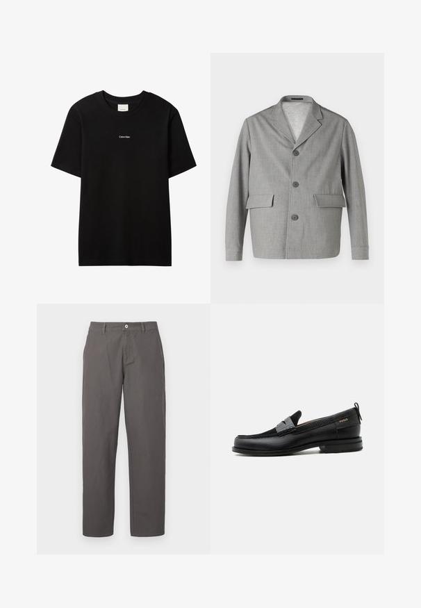 Grijze blazer van textuurstof, met een notch-kraag, drie knopen en twee voorkezen. Strak, modern ontwerp.; Zwart katoenen T-shirt met een ronde hals en korte mouwen. Voorzien van een klein wit "Calvin Klein" logo op de voorkant. Glad oppervlak, klassieke pasvorm.; Grijze katoenen broeken met een recht model, voorzien van een knoop en ritssluiting aan de voorkant, en zijzakken. Gladde textuur, geen patronen.; Zwarte leren loafer met grijs riemdetailelement, lage hak en gestructureerde zool, aan de zijkant gebrandmerkt met "HUGO" in goud.
