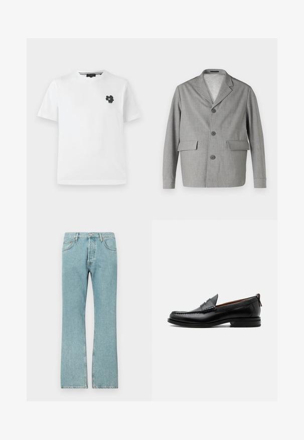 Grå blazer lavet af struktureret stof, med en slå-krave, tre knapper og to frontlommer. Ren, moderne design.; Hvid bomulds T-shirt med v-udskæring, der har et lille sort blomsterprint på venstre brystområde. Korte ærmer med en afslappet pasform.; Lysblå denimjeans med lige ben-design, der har fem lommer og en knaplukning. Synlige sømme og frynsedetaljer i kanten.; Sort læder herre loafer med moc-tå syning, penny strop, struktureret krave og lav stablet hæl på hvid baggrund.
