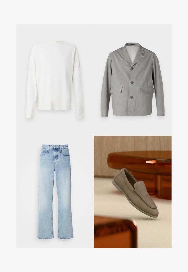 Grå blazer lavet af struktureret stof, med en slå-krave, tre knapper og to frontlommer. Ren, moderne design.; Langærmet hvid bomulds skjorte med rund halsudskæring, sideslids i bunden og en glat overflade, vist bagfra.; Lysblå vide jeans med høj talje, der har en falmet finish, bæltestropper og klassisk fem-lomme design. Kantene er rå.; Beige ruskind slip-on loafer med synlige syninger og lys sål, placeret over cremefarvet tæppe med orange gennemsigtigt møbel i baggrunden.