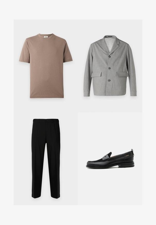 Blazer gris en tissu texturé, avec un col à revers, trois boutons et deux poches avant. Design épuré et moderne.; T-shirt en coton brun avec un col rond et des manches courtes. Texture lisse, design simple et ourlet droit. Pas de motifs ni d'ornements visibles.; Pantalon noir en tissu lisse, présentant une coupe droite, deux poches avant et une fermeture à glissière avec bouton.; Mocassin en cuir noir avec détail de bride grise, talon bas et semelle texturée, marqué "HUGO" en or sur le côté.