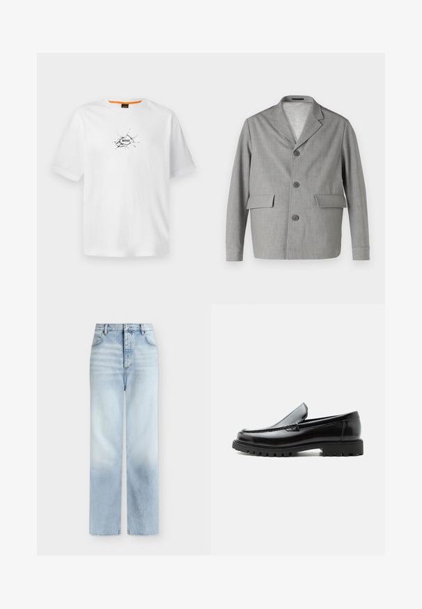 Blazer gris hecho de una tela texturizada, con cuello de pico, tres botones y dos bolsillos frontales. Diseño limpio y moderno.; Camiseta de algodón blanca con cuello redondo, que presenta un diseño negro agrietado y la palabra "BOSS" en el centro. Manga corta.; Vaqueros azul claro de talle alto y pierna recta con bolsillos delanteros, trabillas para cinturón y cierre de botón.; Mocasín de cuero negro con suela de goma gruesa, empeine cosido y nombre de la marca en relieve en el talón, mostrado en perfil lateral sobre fondo blanco.