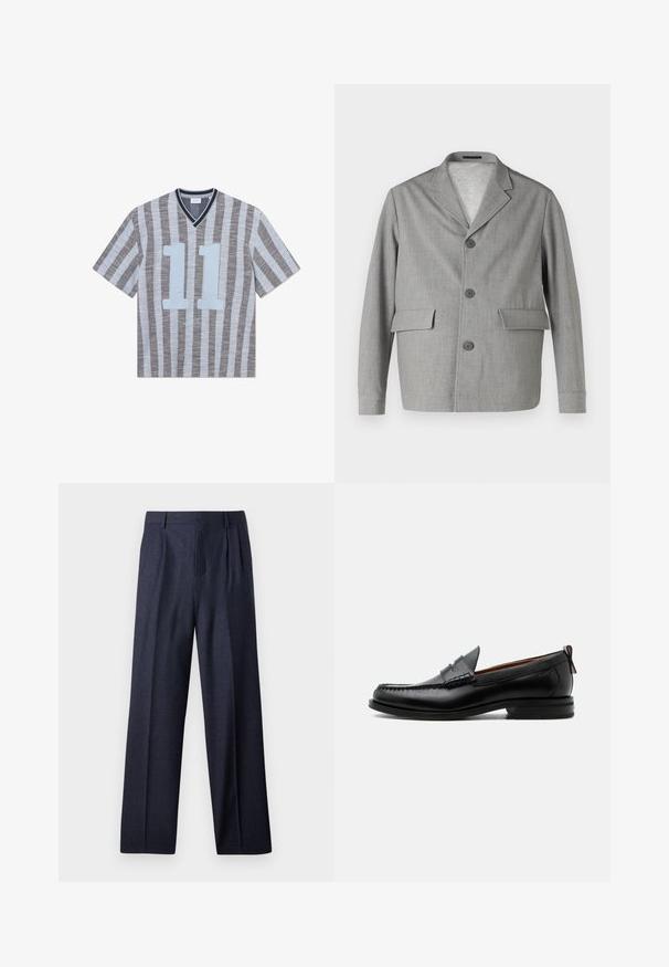 Grijze blazer van textuurstof, met een notch-kraag, drie knopen en twee voorkezen. Strak, modern ontwerp.; Gestreept T-shirt met korte mouwen in dunne blauwe en grijze strepen. Heeft een V-hals, een gedurfde blauwe "11" aan de voorkant en een gestructureerde stof.; Navy wollen broek met een getailleerde fit, voorzien van een geplooide voorkant en wijde pijpen. Glad textuur en strakke lijnen, geschikt voor formele gelegenheden.; Zwarte leren herensloffen met moc toe stiksel, pennyriem, gestructureerde kraag en lage gestapelde hak op witte achtergrond.