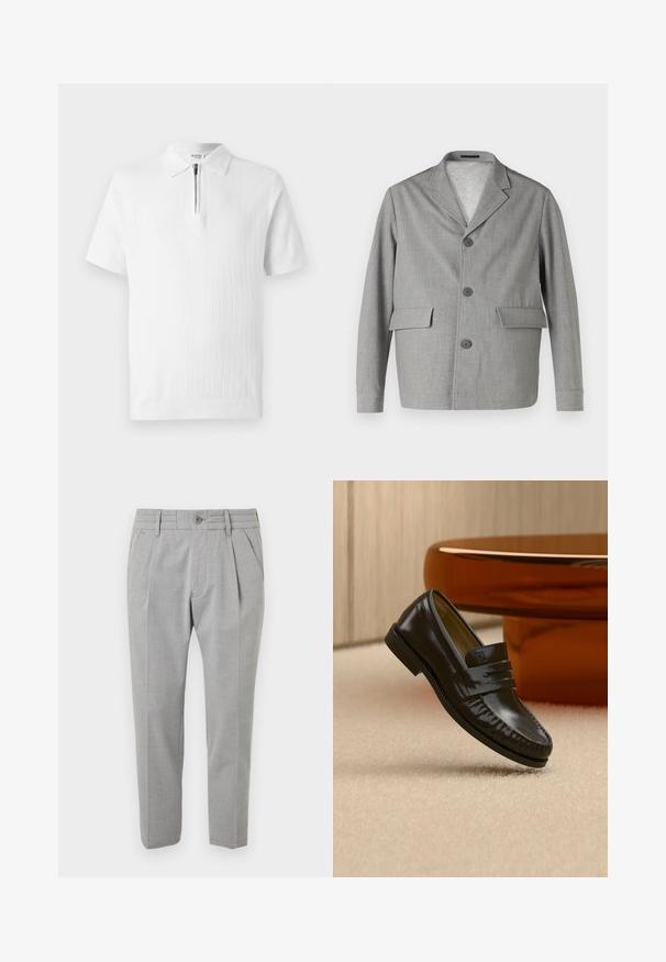 Grå blazer lavet af struktureret stof, med en slå-krave, tre knapper og to frontlommer. Ren, moderne design.; Hvid kortærmet polo shirt med et struktureret strik, der har en lynlås krave og ribbet kant. Rent design velegnet til afslappet brug.; Grå skræddersyede bukser med en glat tekstur, der har et plisseret design, frontlommer, bæltestropper i taljen og en knaplukning.; Skinnende sort læderloafer med remdetalje, placeret på beige tæppe nær et rundt brunt sofabord i et blødt oplyst rum.