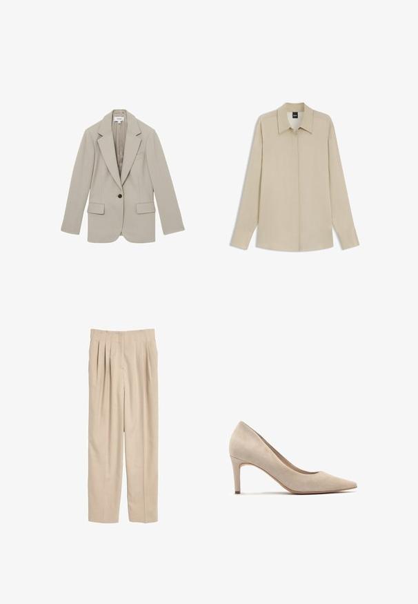 Beige skræddersyet blazer lavet af struktureret stof, med en enkelt knap, udfaldne klapper og to forreste lommer. Strygning af glat indvendig for.; Langærmet beige skjorte med skjulte knapper, spidse kraver og manchetter, vist fladt mod en hvid baggrund.; Beige plisserede bukser med en skræddersyet pasform, lavet af et glat stof, der har et klassisk taljebånd og lige ben.; Beige ruskind højhælede sko med spids tå og en 7 cm hæl. Glat tekstur, minimalistisk design og en strømlinet silhuet.
