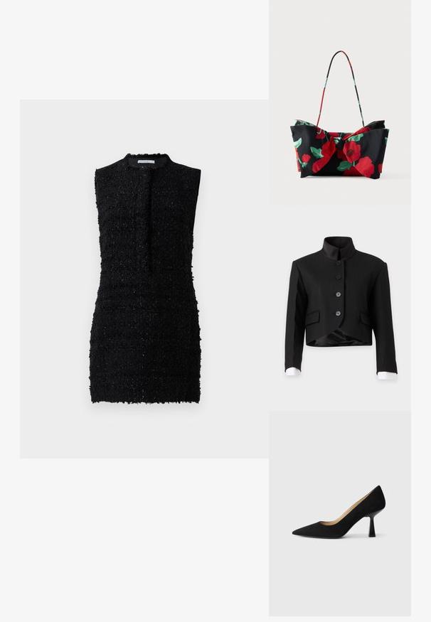 Sort kort blazer med ståkrave, fire knapper foran, lommer med klap og hvide skjorteknapper synlige ved ærmerne.; Sort ærmeløs kjole lavet af tekstureret stof med en lidt løs pasform, der har en høj halsudskæring og minimal detaljer.; Sorte ruskinds højhælede pumps med spids tå, der har en blank sort blokhæl og en glat indvendig foring.; Blomstret skuldertaske med sort stof med røde og grønne blomster, sløjfedetalje og en tynd, farvet hank.