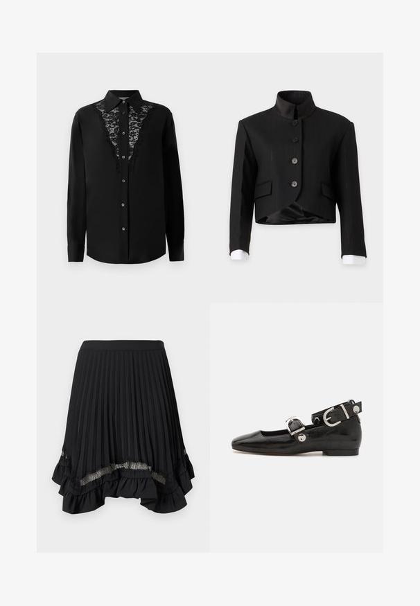 Sort kort blazer med ståkrave, fire knapper foran, lommer med klap og hvide skjorteknapper synlige ved ærmerne.; Sort langærmet skjorte med knapper og blonderpaneldetaljer ned foran samt spidse krave.; Sort plisseret nederdel med flæsekant, prydet med blonder i bunden. Fremstillet af let stof med en glat tekstur.; Sorte patenteret lædersko med firkantet tå, ankelrem med sølvhardware og flad sål. Glat tekstur med minimalistisk design.
