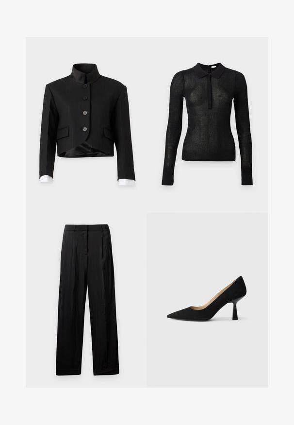 Μαύρο cropped σακάκι με όρθιο γιακά, τέσσερα κουμπιά μπροστά, τσέπες με καπάκι και λευκά μανίκια που φαίνονται στα μανίκια.; Μαύρο, μακρυμάνικο εφαρμοστό πλεκτό τοπ με διάφανη υφή και μονόχρωμο γιακά, με κουμπότρυπες μπροστά, παρουσιάζεται σε απλό φόντο.; Μαύρο παντελόνι με φαρδιά πόδια και απαλό υλικό, με πιέτες μπροστά, θηλιές για ζώνη και φερμουάρ.; Μαύρη σουέτ γόβα με ψηλό τακούνι και μυτερή μύτη, που διαθέτει γυαλιστερό μαύρο μπλοκ τακούνι και μαλακή εσωτερική επένδυση.
