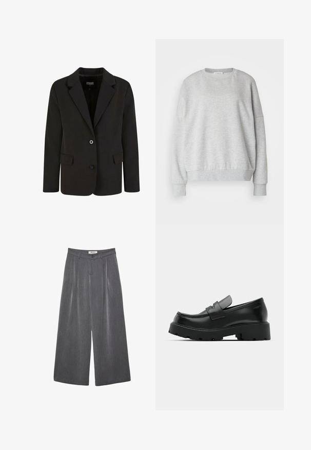 Blazer noir en tissu lisse, avec un col cranté, deux poches avant et une fermeture à deux boutons. Design ajusté, forme structurée.; Sweatshirt gris clair en tissu doux, avec un col rond, des épaules tombantes et des poignets et un ourlet côtelés pour une coupe décontractée.; Pantalon gris à jambes larges avec plis, confectionné dans un tissu doux. Dispose d'une fermeture à boutons et d'une taille cintrée.; Mocassins en cuir noir avec une semelle épaisse et texturée, dotés d'une sangle sur le vamp et d'une finition lisse et polie.