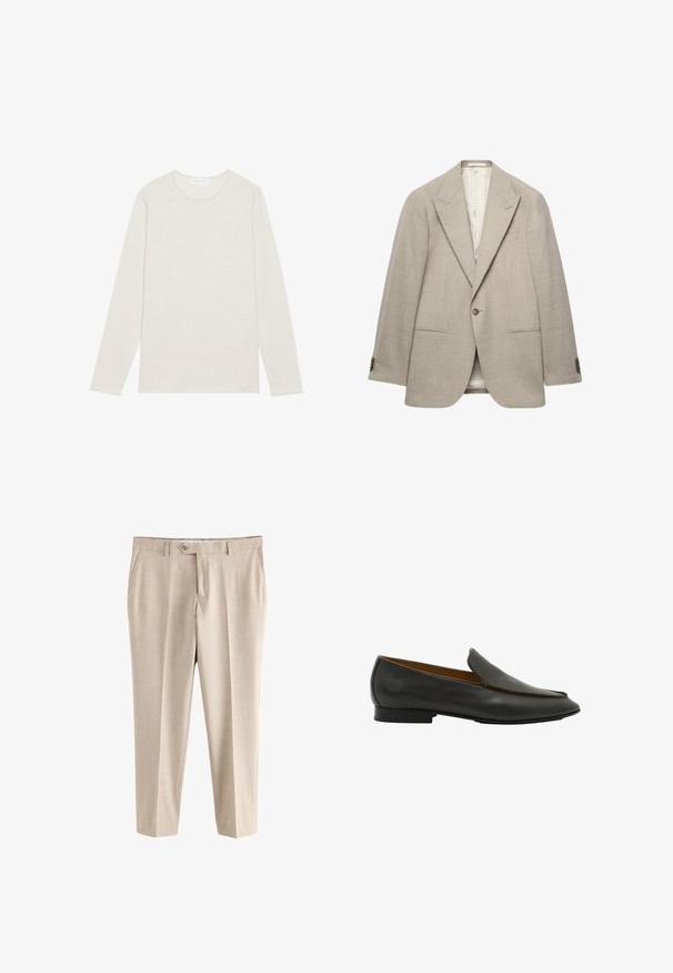 Beige herre blazer med enkelt knaplukning, hakkede reverser, to forlommer og knapper ved manchetterne, vist på hvid baggrund.; Creme langærmet t-shirt lavet af blødt strikket stof. Har en rund halsudskæring og en afslappet pasform uden synlige mønstre eller accenter.; Beige formelle bukser med bæltestropper, sidelommer, knaplukning og lynlås, vist mod en hvid baggrund.; Sort læder slip-on loafer med lav hæl og glat finish vist fra siden på en hvid baggrund.