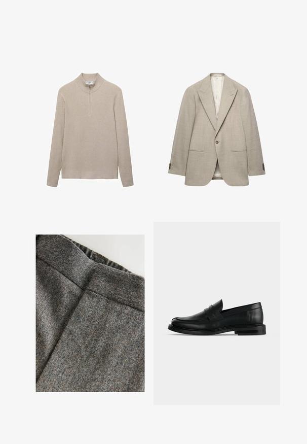 Blazer beige para hombre con un botón, solapas con muesca, dos bolsillos de ojal delanteros y puños con botones, mostrado sobre un fondo blanco.; Suéter beige con canalé, cuello alto y cierre de media cremallera. Las mangas largas y el diseño ajustado del dobladillo realzan el aspecto texturizado.; Pantalones de mezcla de lana gris con una textura suave, con una cinturilla ancha y un corte limpio y clásico. Presentan sutiles motas de color.; Mocasín penny negro de cuero para hombre con tacón bajo y apilado y puntera redondeada, mostrado de lado sobre un fondo gris claro.