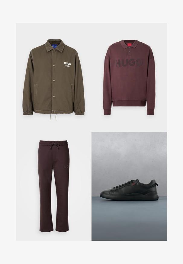 Olive green button-up jacket with collar, elastic cuffs, two side pockets, and white "HUGO" logo text on chest.; Long-sleeve dark brown polo sweatshirt with ribbed cuffs, two buttons at the collar, and "HUGO" printed across the chest.; Dark brown sweatpants with an elastic waistband, drawstring, side pockets, and "HUGO" logo printed on the left leg. Soft texture.; HUGO BLAKE - Trainers - black