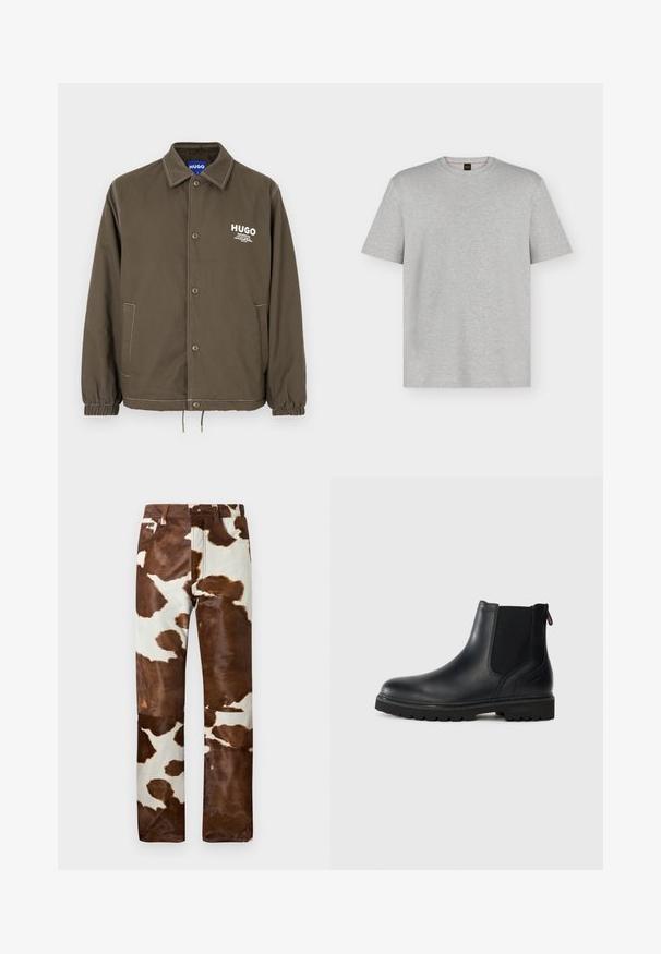Olivengrøn knap-op jakke med krave, elastiske manchetter, to sidelommer og hvid "HUGO" logo tekst på brystet.; Lysegrå T-shirt med korte ærmer og rund hals med subtilt præget "BOSS" logo centreret på brystet.; Koe-mønstrede bukser i en blanding af brun og beige. Har en afslappet pasform, robust denim-materiale og klassisk fem-lomme design.; Sorte læder ankelstøvler med elastiske sidepaneler, rund tå og en robust gummisål med dybe riller for bedre greb.