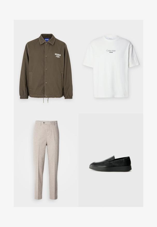 Olivengrøn knap-op jakke med krave, elastiske manchetter, to sidelommer og hvid "HUGO" logo tekst på brystet.; Hvid T-shirt med korte ærmer og "Calvin Klein JEANS" trykt i sort midt på brystet mod en ensfarvet baggrund.; Lys beige uldslynger med en glat tekstur, lige snit, frontfolder og en enkelt knaplukning i taljen.; Calvin Klein HYBRID CUP - Loafers - triple black
