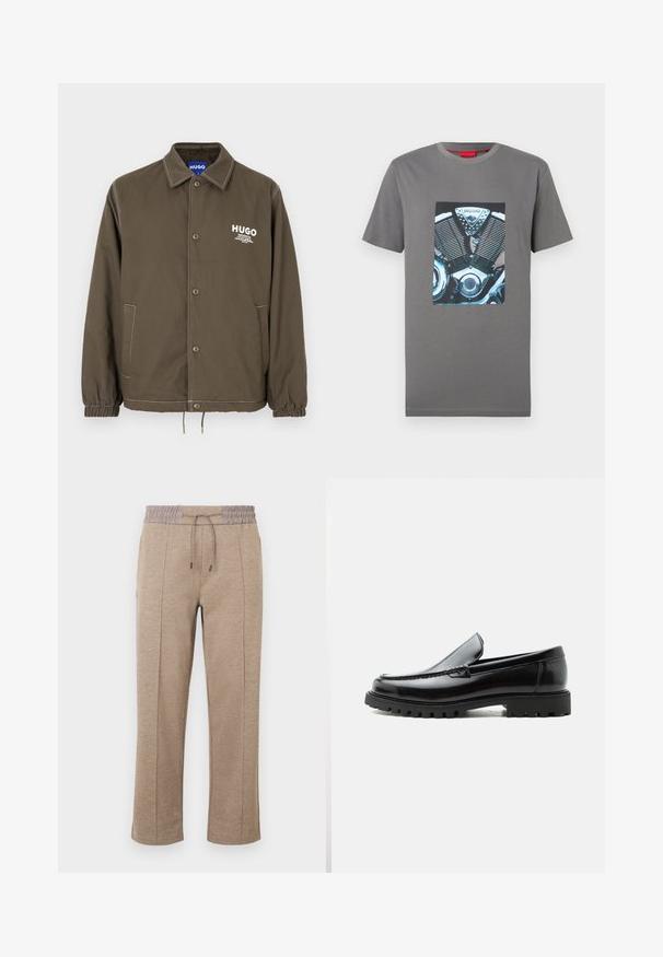 Veste boutonnée vert olive avec col, poignets élastiques, deux poches latérales et logo blanc "HUGO" sur la poitrine.; T-shirt gris à manches courtes avec un graphisme détaillé d'un moteur de moto et le logo "HUGO" sur la poitrine.; Pantalon marron clair à coupe décontractée avec une taille élastique et un cordon de serrage. Texture lisse avec un détail de couture latérale et des jambes fuselées.; Mocassin en cuir noir avec semelle en caoutchouc épaisse, dessus cousu et nom de marque embossé sur le talon, présenté de profil sur fond blanc.