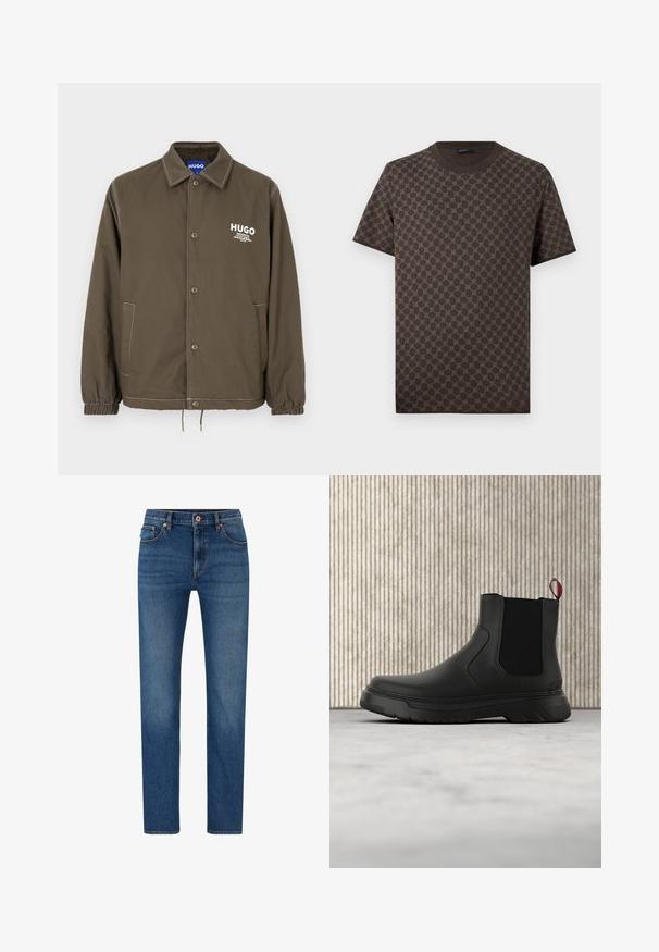 Olivengrøn knap-op jakke med krave, elastiske manchetter, to sidelommer og hvid "HUGO" logo tekst på brystet.; Mørkebrun kortærmet T-shirt med lyst brunt cirkulært mønster, der jævnt dækker stoffet, og rund halsudskæring.; Blå denimjeans med lige ben i designet, som har en knaplukning, fem lommer og en subtil falmning på stoffet.; Sort ankelstøvle med en glat overflade, elastiske sidepaneler og en kontrasterende rød træksløjfe, der har en tyk gummisål og rund tå.