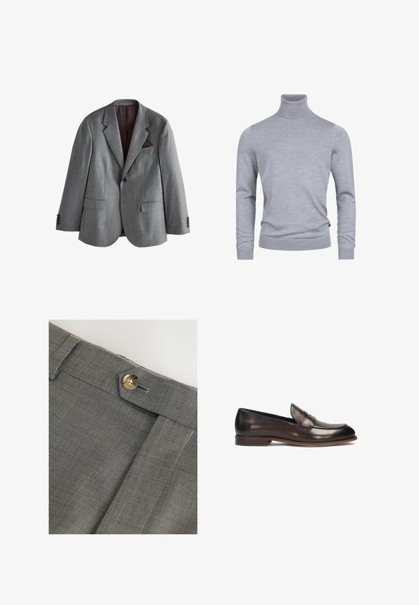 Grijze blazer met enkele rij knopen, met inkeping rever, twee voorvakken met klep, een borstzak met een donkere pochet en knoopmanchetten.; Grijze coltrui gemaakt van een zachte breistof. Beschikt over lange mouwen en een getailleerd ontwerp met geribde manchetten en zoom. Simpele, gladde textuur.; Grijze stoffen broek met een gestructureerd oppervlak, voorzien van een knoopsluiting en een nette gestikte zoom. Close-up van de tailleband.; Donkerbruine leren loafers met een ronde neus, verhoogde stiksels en een lichte hak. Gladde textuur en klassiek ontwerp.