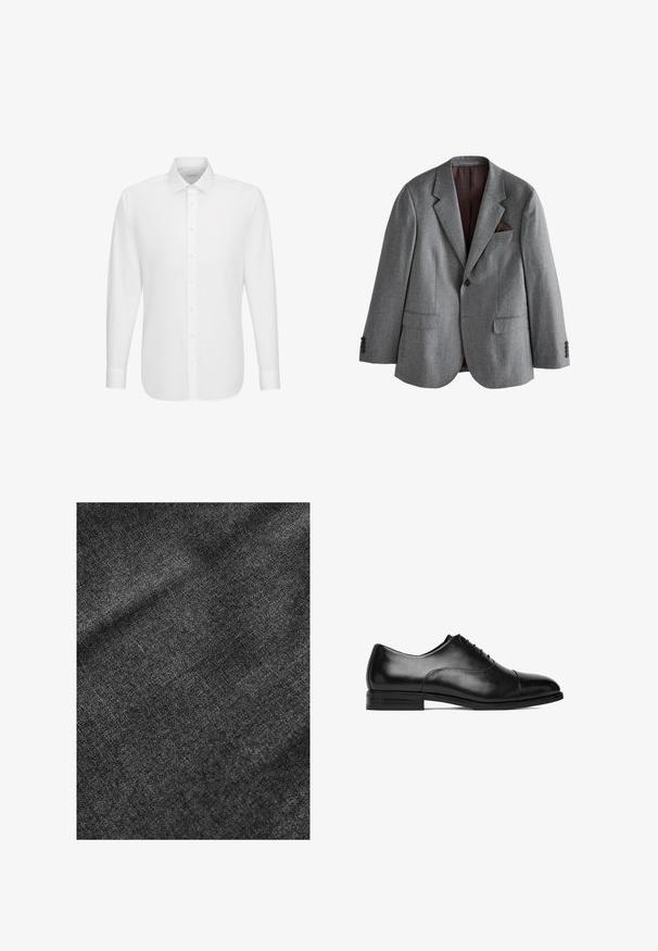 Einreihiger grauer Blazer mit Kerbklappen, zwei vorderen Pattentaschen, einer Brusttasche mit dunklem Einstecktuch und geknöpften Manschetten.; Weißes langärmeliges Hemd mit durchgehender Knopfleiste und klassischem Kragen, auf einem schlichten weißen Hintergrund dargestellt.; Strukturierter schwarzer Stoff mit einer weichen, leicht glänzenden Oberfläche, die ein dezentes Webmuster und einen geschmeidigen Fall aufweist.; Schwarzer Herrenschuh aus Leder im Oxford-Stil mit geschlossenem Schnürsystem und Kappzehe auf weißem Hintergrund, Seitenansicht.