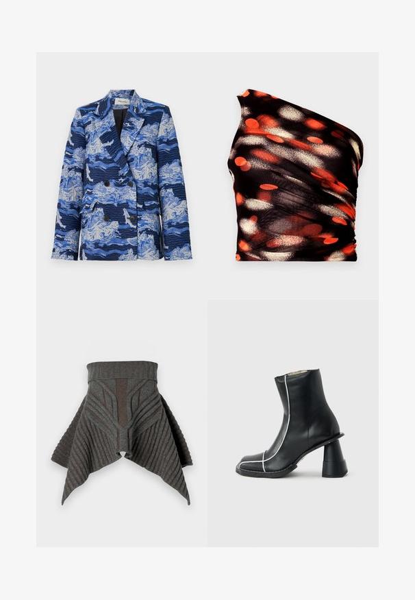 Henrik Vibskov MOTIF - Blazer - blue; Sort én-skulder top med abstrakte orange, røde og hvide prikkede mønstre. Lavet af et tekstureret, elastisk stof; har rynket detaljering.; Grå strikket omslag med ribbet tekstur, der har vinklede mønstre i en lysere skygge, der taper mod kanterne for en flydende silhuet.; Sort læderankelstøvle med hvide syninger, firkantet snude og unik bredt udflaret hæl, vist i sidelayout på grå baggrund.