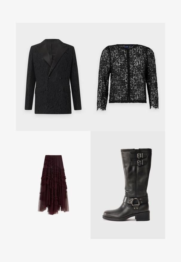 Sort dobbeltradet blazer med satinrevers og tekstureret blomstret blonderoverlæg, med to forlommer med klap.; Sort cardigan i blonder med lange ærmer, knaplukning foran, blomstermønster, bølget kant og en blød tekstur. Brandmærke synligt ved halsudskæringen.; Bordeaux tylskørt med rynkede lag, elastisk talje og varierende længder, der har en blød, let tekstur.; Sorte læderstøvler til midt på læggen med to sølvspænder nær toppen og et dekorativt bånd med metalring omkring anklen, blokhæle.
