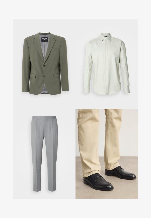 Olivgrüner Blazer aus glattem Stoff, mit einem Einzelknopfverschluss, notch lapels und zwei vorderen Taschen. Das Innenfutter ist grau.; Helles grünes Langarm-Hemd mit Knopfleiste, strukturiertem Kragen, schlichter Textur und Vorderknopfleiste mit weißen Knöpfen.; Grau zugeschnittene Hosen mit glatter Textur, flachem Frontbereich, geraden Beinen und dezenten Falten für zusätzliche Details.; Schwarze Leder Schnürschuhe mit runder Zehenform, glatter Oberfläche und dezenten Nähdetails, getragen mit hellbeigen Hosen.