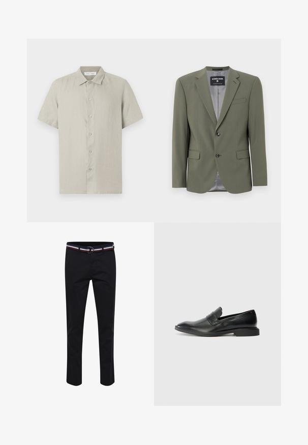 Oliven grøn blazer lavet af glat stof, med en enkelt knaplukning, slidsede lapeller og to frontlommer. Indersiden er grå.; Beige kortærmet skjorte med knapper og krave, lavet af letvægtsstof, frontudsigt mod hvid baggrund.; Chino-bukser i sort bomuld med et vævet stribet bælte. Har lynlås, for- lommer og en pæn skrædderform.; Sorte læder loafers med en glat tekstur, spids tå og lav rektangulær hæl. Har vandret remdetalje på overdelen.