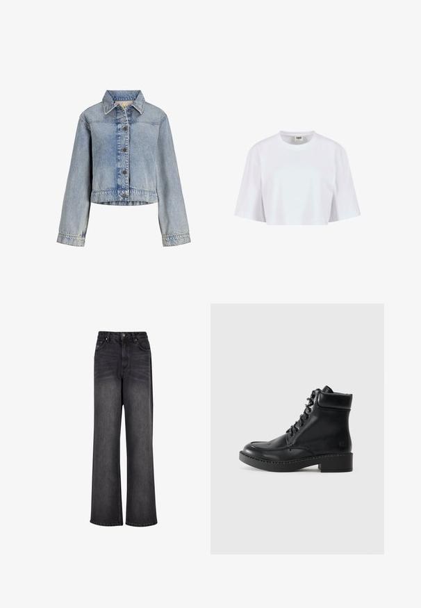 Hellblaue Denimjacke mit langen Ärmeln, Knopfleiste und klassischem Kragen, leicht tailliert und etwas kürzer geschnitten.; Weiße, gekürzte T-Shirt aus weicher Baumwolle. Mit Rundhalsausschnitt und kurzen Ärmeln in lockerer Passform, ohne sichtbare Muster oder Beschläge.; Schwarze Denim-Jeans mit weitem Bein und glatter Textur, mit hoher Taille, seitlichen Taschen und einer Knopfverschluss.; Schwarze Leder-Ankle-Boots mit einer glatten Oberfläche, runder Zehenpartie und Schnürdesign. Verfügt über einen Blockabsatz und ist mit Stichdetails akzentuiert.
